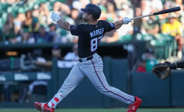 Miami Marlins' Jakob Marsee hits a solo home run during the first inning of a baseball game against the Athletics, Friday, July 3, 2026, in West Sacramento, Calif. (AP Photo/Scott Marshall)