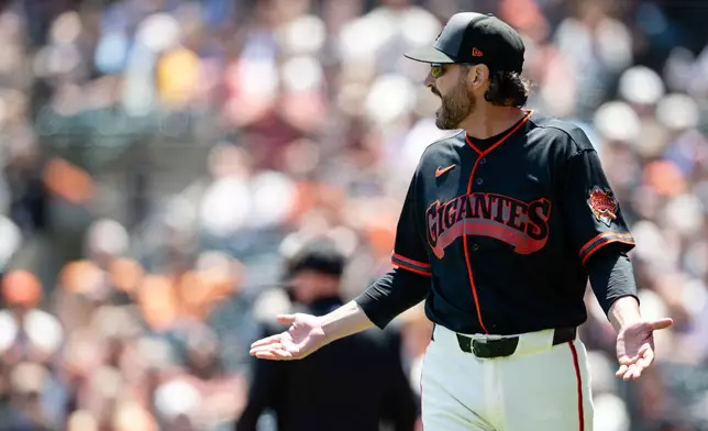 San Francisco Giants manager Tony Vitello reacts after being ejected during the third inning of a baseball game against the Colorado Rockies, Saturday, July 11, 2026, in San Francisco. (AP Photo/Thien-An Truong)
