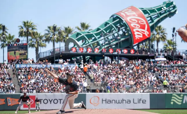 San Francisco Giants starting pitcher Tyler Mahle delivers during the first inning of a baseball game against the Colorado Rockies, Saturday, July 11, 2026, in San Francisco. (AP Photo/Thien-An Truong)