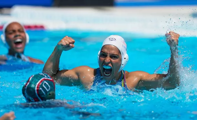 Colombia's Daniela Marin celebrates a goal against Mexico for the women's water polo gold medal at the Central American and Caribbean Games in Santo Domingo, Dominican Republic, Sunday, July 26, 2026. (AP Photo/Fernando Vergara)