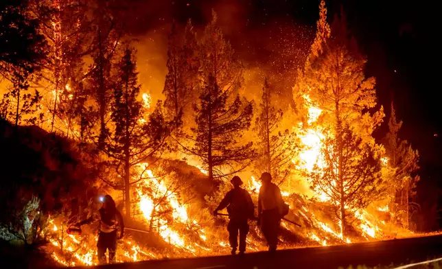 Firefighters burn off vegetation while trying to stop a wildfire called the Bench Fire from spreading in Warm Springs, Ore., on Saturday, July 25, 2026. (AP Photo/Noah Berger)