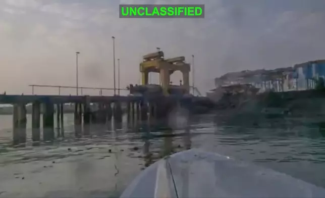 This image from video released by U.S. Central Command, shows a view from a Corsair unmanned surface vessel, also called one-way attack surface drone, fired by U.S. military, closing in on Bandar Abbas Naval Base, Iran, July 12, 2026. (U.S. Central Command via AP)
