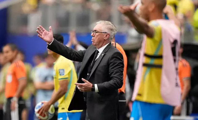 Brazil head coach Carlo Ancelotti reacts during the World Cup round of 32 soccer match between Brazil and Japan in Houston, Monday, June 29, 2026. (AP Photo/Ashley Landis)