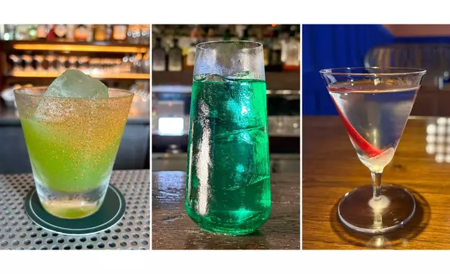 This combination of images shows various spicy cocktails, from left, Bagheera, Doctor Green, and Late Night. (AP Photo)