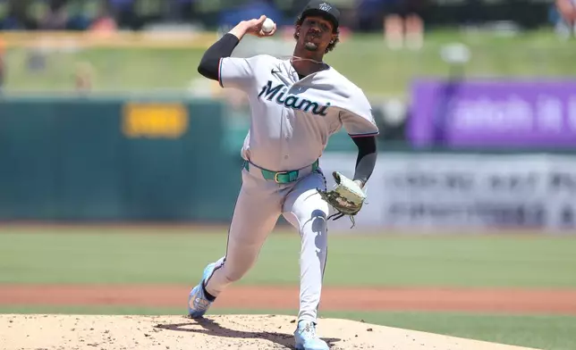 Miami Marlins pitcher Eury Pérez throws to an Athletics batter during the first inning of a baseball game Sunday, July 5, 2026, in West Sacramento, Calif. (AP Photo/Scott Marshall)