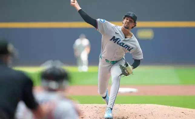 Miami Marlins pitcher Eury Pérez throws during the first inning of a baseball game against the Milwaukee Brewers, Sunday, July 19, 2026, in Milwaukee. (AP Photo/Kayla Wolf)