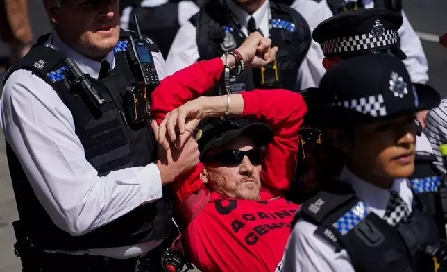 A demonstrator is arrested by the police outside the Westminster Magistrates Court in London, Thursday, July 30, 2026, as a plea hearing for 25 people accused of showing support for Palestine Action takes place. (AP Photo/Alberto Pezzali)