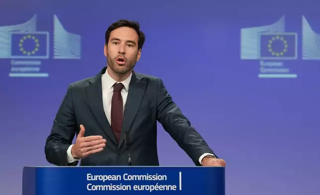 European Commission spokesman Thomas Regnier speaks during a media conference regarding a fine against Google at EU headquarters in Brussels, Thursday, July 23, 2026. (AP Photo/Virginia Mayo)