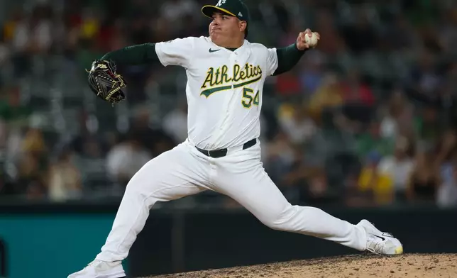 Athletics pitcher José Suarez throws to a Boston Red Sox batter during the 10th inning of a baseball game Wednesday, July 29, 2026, in West Sacramento, Calif. (AP Photo/Scott Marshall)