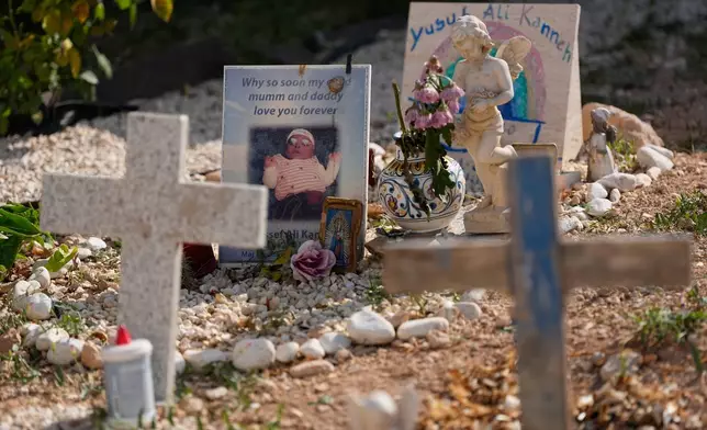 Tombs of migrants, including two babies, who died in shipwrecks are seen at the cemetery on the island of Lampedusa, southern Italy, Friday, July 3, 2026, one day before Pope Leo XIV's visit. ( AP Photo/Alessandra Tarantino)