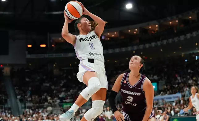 Golden State Valkyries guard Kaitlyn Chen (2) shoots against Toronto Tempo guard Marina Mabrey (3) during the second half of a WNBA basketball game in Toronto on Wednesday, July 8, 2026. (Chris Young/The Canadian Press via AP)