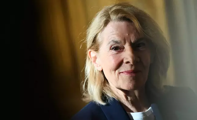 France's Culture Minister Catherine Pegard speaks to the press during the reopening to the public of the Apollo Gallery, at the Louvre museum in Paris, Wednesday, July 22, 2026. (Lou Benoist/Pool Photo via AP)