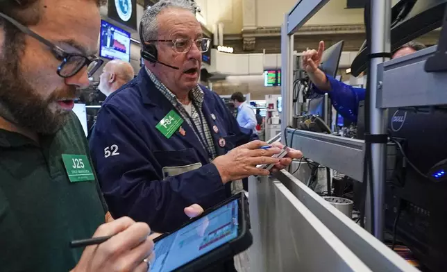 Options traders Serge Marinovich, left, and Phil Phil Fracassini work on the floor of the New York Stock Exchange, Friday, June 26, 2026. (AP Photo/Richard Drew)