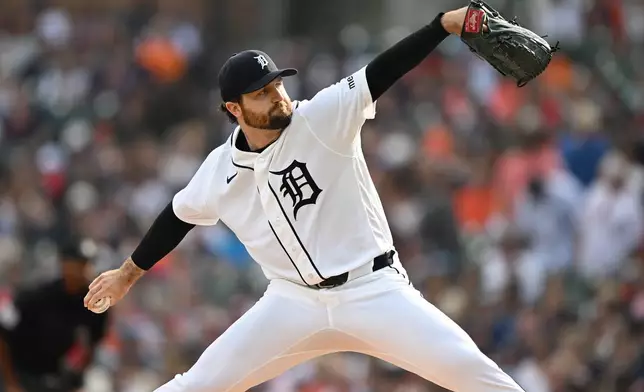 Detroit Tigers starting pitcher Casey Mize throws against the Philadelphia Phillies in the first inning of a baseball game, Saturday, July 11, 2026, in Detroit. (AP Photo/Lon Horwedel)