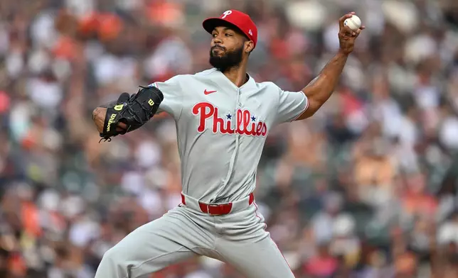 Philadelphia Phillies starting pitcher Cristopher Sánchez throws against the Detroit Tigers in the first inning of a baseball game, Saturday, July 11, 2026, in Detroit. (AP Photo/Lon Horwedel)