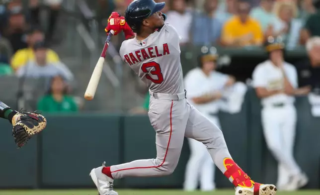 Boston Red Sox's Ceddanne Rafaela watches his grand slam during the sixth inning of a baseball game against the Athletics, Monday, July 27, 2026, in West Sacramento, Calif. (AP Photo/Scott Marshall)