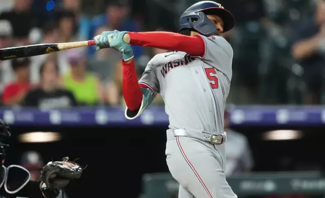 Washington Nationals' CJ Abrams follows through with his swing after connecting for a two-run home run off Colorado Rockies relief pitcher Antonio Senzatela in the seventh inning of a baseball game Monday, July 20, 2026, in Denver. (AP Photo/David Zalubowski)
