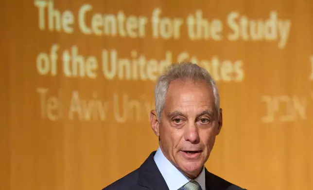 Rahm Emanuel, a potential Democratic presidential candidate and longtime defender of Israel speaks in Tel Aviv University, Israel , Wednesday, July 8, 2026. (AP Photo/Ariel Schalit)