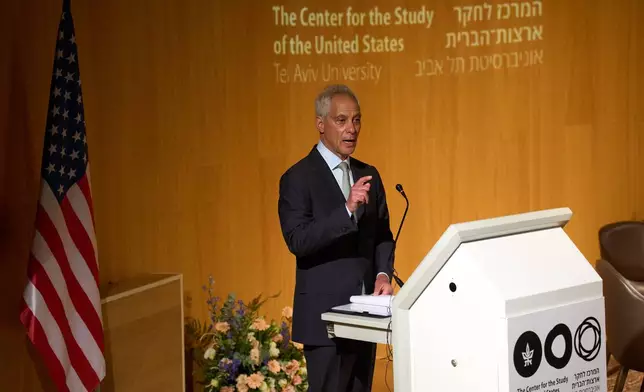 Rahm Emanuel, a potential Democratic presidential candidate and longtime defender of Israel speaks in Tel Aviv University, Israel , Wednesday, July 8, 2026. (AP Photo/Ariel Schalit)