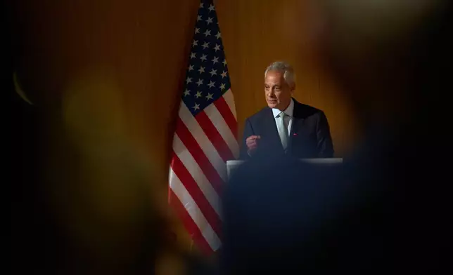 Rahm Emanuel, a potential Democratic presidential candidate and longtime defender of Israel speaks in Tel Aviv University, Israel , Wednesday, July 8, 2026. (AP Photo/Ariel Schalit)