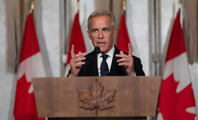 Canada Prime Minister Mark Carney speaks during a media availability in Jeddah, Saudi Arabia, Thursday, July 9, 2026. (Adrian Wyld/The Canadian Press via AP)