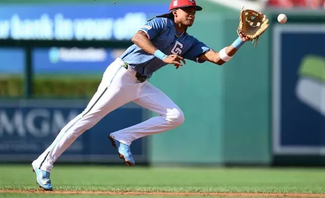 Washington Nationals shortstop CJ Abrams fields a ground ball ht by Arizona Diamondbacks' Ryan Waldschmidt for a single during the third inning of a baseball game, Saturday, July 25, 2026, in Washington. (AP Photo/Nick Wass)