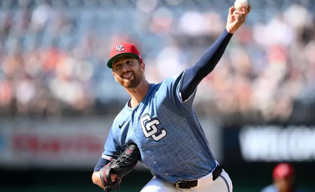 Washington Nationals pitcher Foster Griffin throws during the third inning of a baseball game against the Arizona Diamondbacks, Saturday, July 25, 2026, in Washington. (AP Photo/Nick Wass)