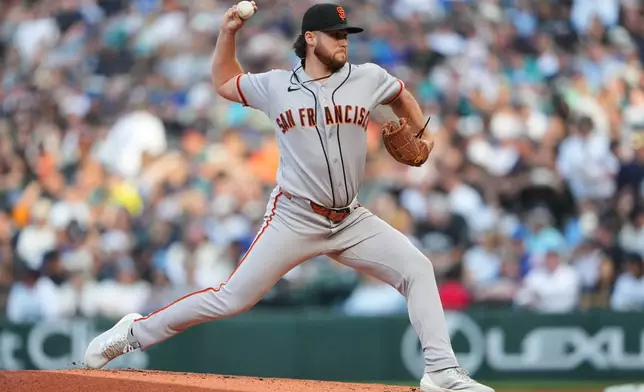 San Francisco Giants starting pitcher Landen Roupp throws against the Seattle Mariners during the first inning of a baseball game, Friday, July 17, 2026, in Seattle. (AP Photo/Lindsey Wasson)
