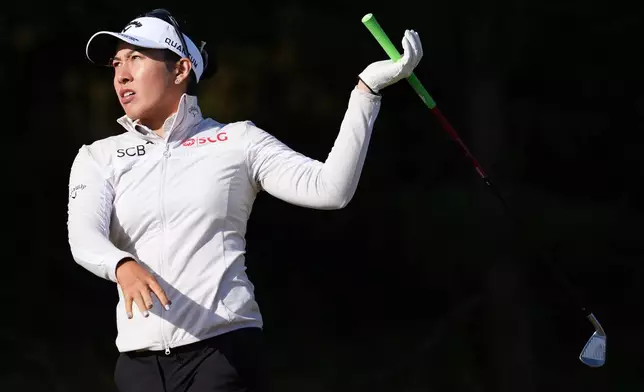 Jeeno Thitikul, of Thailand, drives off the 3rd tee during the second round of the Women's British Open golf championship in Lytham St Annes, England, Friday, July 31, 2026. (AP Photo/Jon Super)