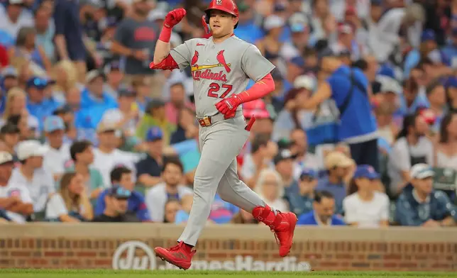 St. Louis Cardinals' Nathan Church celebrates after hitting a three-run home run during the second inning of a baseball game against the Chicago Cubs, Friday, July 3, 2026, in Chicago. (AP Photo/Melissa Tamez)
