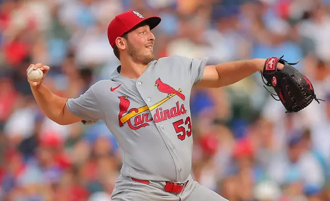 St. Louis Cardinals' Andre Pallante throws during the fifth inning of a baseball game against the Chicago Cubs, Friday, July 3, 2026, in Chicago. (AP Photo/Melissa Tamez)