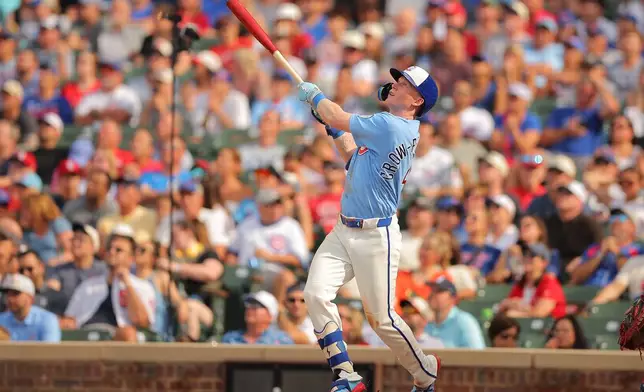Chicago Cubs' Pete Crow-Armstrong flies out during the fifth inning of a baseball game against the St. Louis Cardinals, Friday, July 3, 2026, in Chicago. (AP Photo/Melissa Tamez)