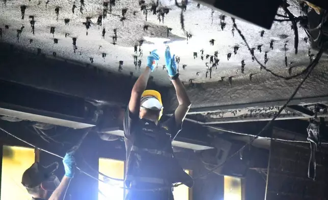 In this handout photo released by Bangkok Metropolitan Administration, forensic police officers inspect the site of a fire in Bangkok, Thailand, Monday, July 13, 2026. (Bangkok Metropolitan Administration via AP)