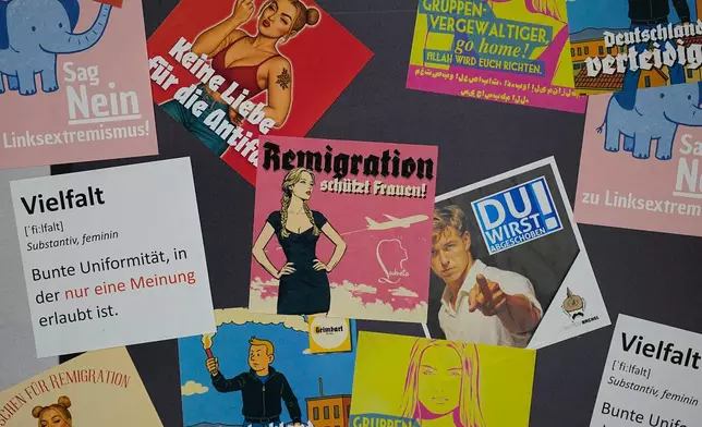 FILE - Stickers are offered at the re-founding of the AfD youth organization in Giessen, Germany, Nov. 29, 2025. (AP Photo/Martin Meissner, File)
