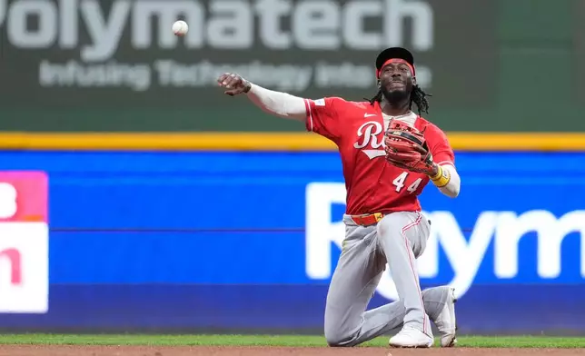 Cincinnati Reds' Elly De La Cruz throws to first base during the fifth inning of a baseball game against the Milwaukee Brewers, Wednesday, July 1, 2026, in Milwaukee. (AP Photo/Aaron Gash)