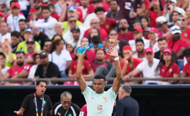France's Kylian Mbappe (10) waves as he is subbed out of the game during the World Cup quarterfinal soccer match between France and Morocco in Foxborough, Mass., near Boston, Thursday, July 9, 2026. (AP Photo/Charles Krupa)