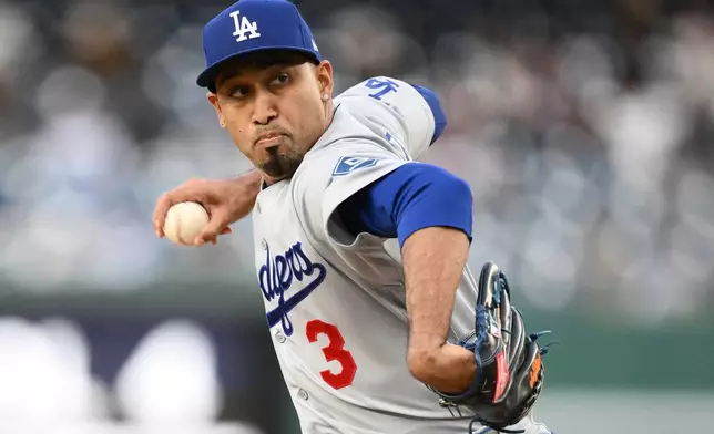 FILE - Los Angeles Dodgers relief pitcher Edwin Diaz (3) in action during a baseball game against the Washington Nationals, April 5, 2026, in Washington. (AP Photo/Nick Wass, File)
