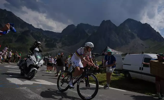 Slovenia's Tadej Pogacar rides during he sixth stage of the Tour de France cycling race with start in Pau and finish in Gavarnie-Gedre, France, Thursday, July 9, 2026. (AP Photo/Thibault Camus)