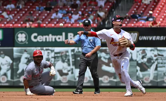 Cincinnati Reds' Dane Myers, left, is out as St. Louis Cardinals shortstop Masyn Winn, right, throws to first base during the second inning of a baseball game, Sunday, July 26, 2026, in St. Louis. (AP Photo/Jeff Le)