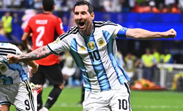 Argentina's Lionel Messi (10) celebrates scoring their second goal during the World Cup round of 16 soccer match between Argentina and Egypt in Atlanta, Tuesday, July 7, 2026. (AP Photo)