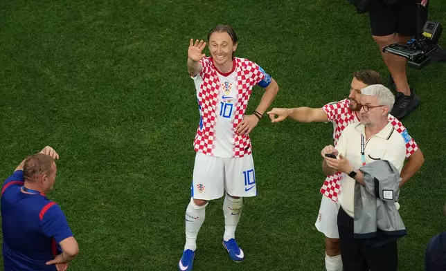 Croatia's Luka Modric (10) celebrates a win during the World Cup Group L soccer match between Croatia and Ghana in Philadelphia, Saturday, June 27, 2026. (AP Photo/Matt Rourke)