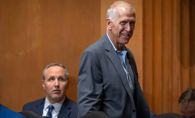 Sen. Thom Tillis, R-N.C., arrives for a hearing of the Senate Finance Committee on Capitol Hill, Thursday, July 30, 2026, in Washington. (AP Photo/Mark Schiefelbein)