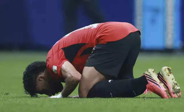 Egypt's Marawan Attia reacts at end of first half of the World Cup round of 16 soccer match between Argentina and Egypt in Atlanta, Tuesday, July 7, 2026. (Jason Getz/Atlanta Journal-Constitution via AP)