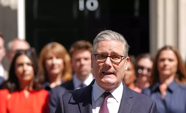 Britain's outgoing Prime Minister Keir Starmer speaks as he leaves 10 Downing Street in London, Monday, July 20, 2026.(AP Photo/Kirsty Wigglesworth)