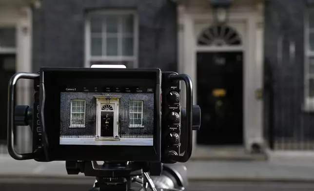 A camera screen shows the No10 door in Downing Street as Labour Party leader Andy Burnham is set to become the U.K.'s new prime minister, succeeding Keir Starmer in London, Monday, July 20, 2026.(AP Photo/Thomas Krych)