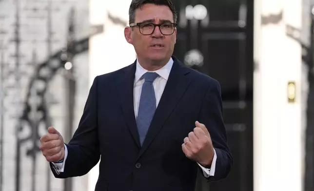 Britain's new Prime Minister Andy Burnham speaks to staff and media at 10 Downing Street in London, Monday, July 20, 2026.(AP Photo/Kirsty Wigglesworth)