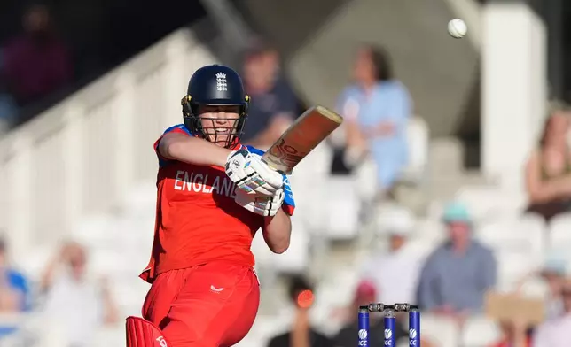 England's Natalie Sciver-Brunt plays a shot during the Women's T20 Cricket World Cup semifinal match between England and South Africa in London, Thursday, July 2, 2026. (AP Photo/Alastair Grant)
