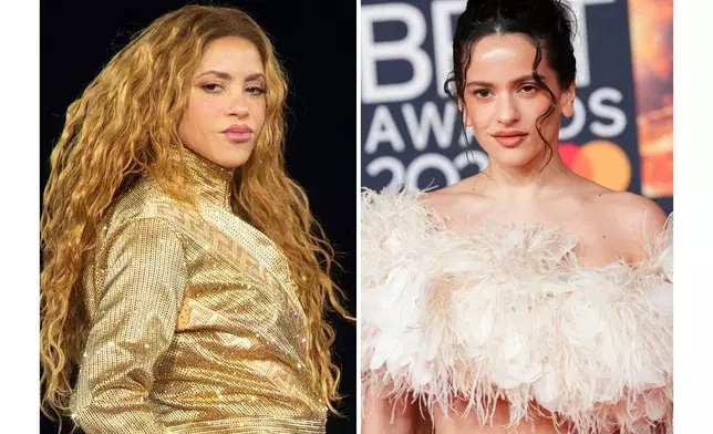 Shakira performs in Baltimore on July 6, 2026, left, and Rosalia appears at the Brit Awards 2026 in Manchester, England, on Feb. 28, 2026. (AP Photo)