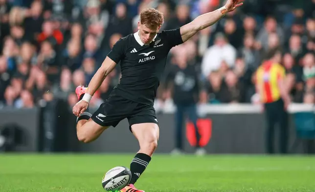 New Zealand's Ruben Love kicks a conversion during the Nations Championship rugby international between the All Blacks and France in Christchurch New Zealand, Saturday, July 4, 2026. (Craig Butland/Photosport via AP)