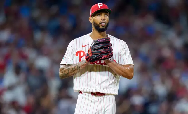 Philadelphia Phillies starting pitcher Cristopher Sanchez looks on during the fifth inning of a baseball game against the New York Yankees, Sunday, July 26, 2026, in Philadelphia. (AP Photo/Chris Szagola)